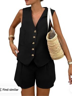 Women's Black Button-Front Vest & Shorts Two-Piece Set